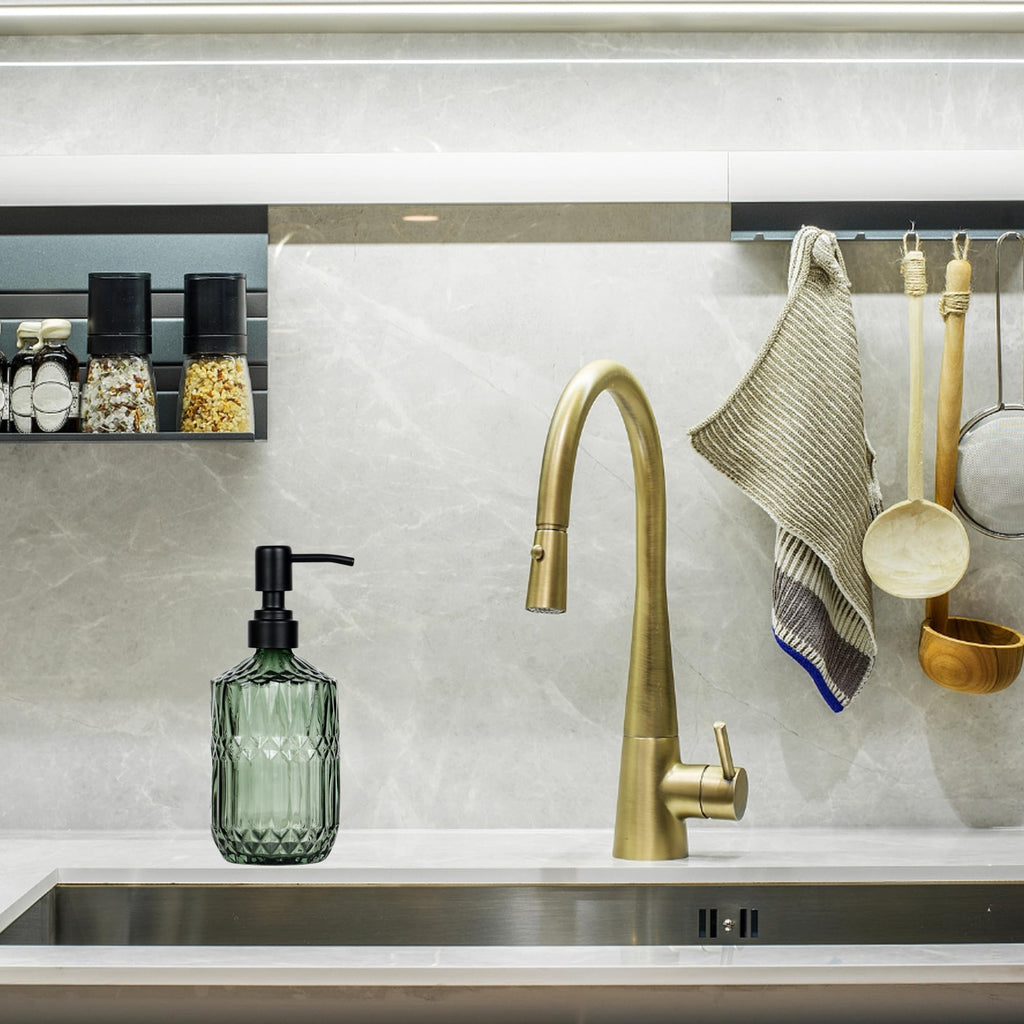 SDlumeiy 18 oz Dark Green Thick Glass Soap Dispenser with Black Rustproof Pump Refillable Bathroom, Kitchen Soap Dispenser for Hand Soap, Detergent, Lotion (Dark Green)