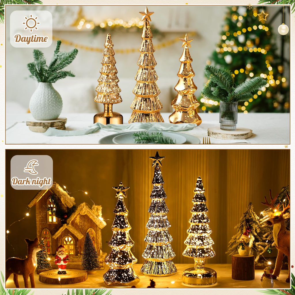 Funnymoom 3 Pack Glass Christmas Trees Decor Lighted Christmas Tree Tabletop Glitter Centerpiece Decoration Glass Xmas Tree Figurines Holiday Ornament for Table Mantle Fireplace(Gold,Classic)