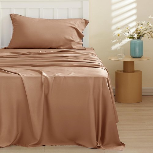 Bedsure Cooling Twin XL Sheets - Breathable Rayon from Bamboo | Soft, Deep Pocket Up to 16 Inches, Khaki