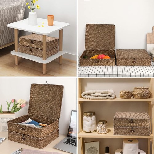 Hipiwe Woven Wicker Basket Bins - Set of 2 Large Seagrass Storage Baskets with Lid for Home Organization | Coffee Color