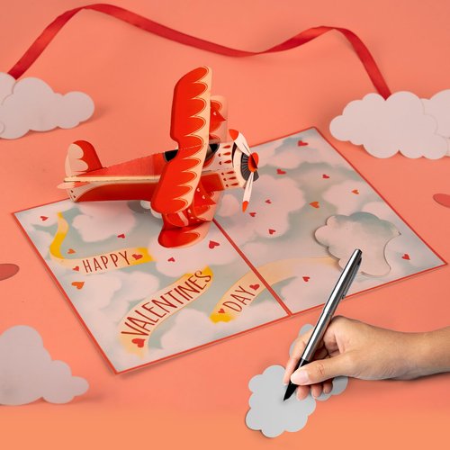 POPWOW Love Biplane Pop Up Card, Happy Valentine's Day, Cloud, Heart, 3D Popup Greeting Cards, Ideal Gifts for Wife, Husband, Lovers, Kids, Girlfriend, 5x7 - Includes Envelope And Message Note