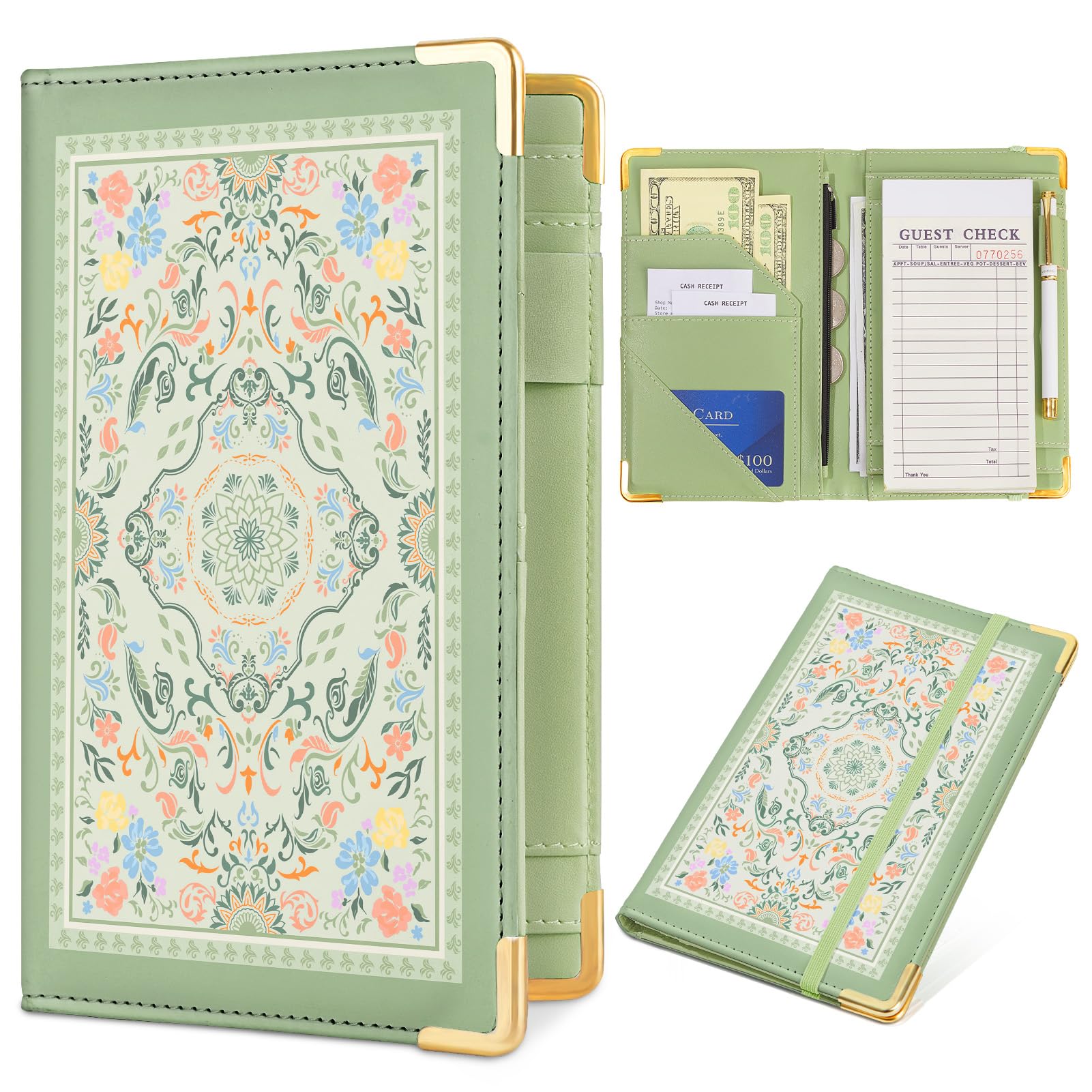 Server Book, PU Leather Server Books for Waitress with Zipper Pockets, Waitress Book with Pen Holder Fit Server Apron Check Presenters for Restaurants