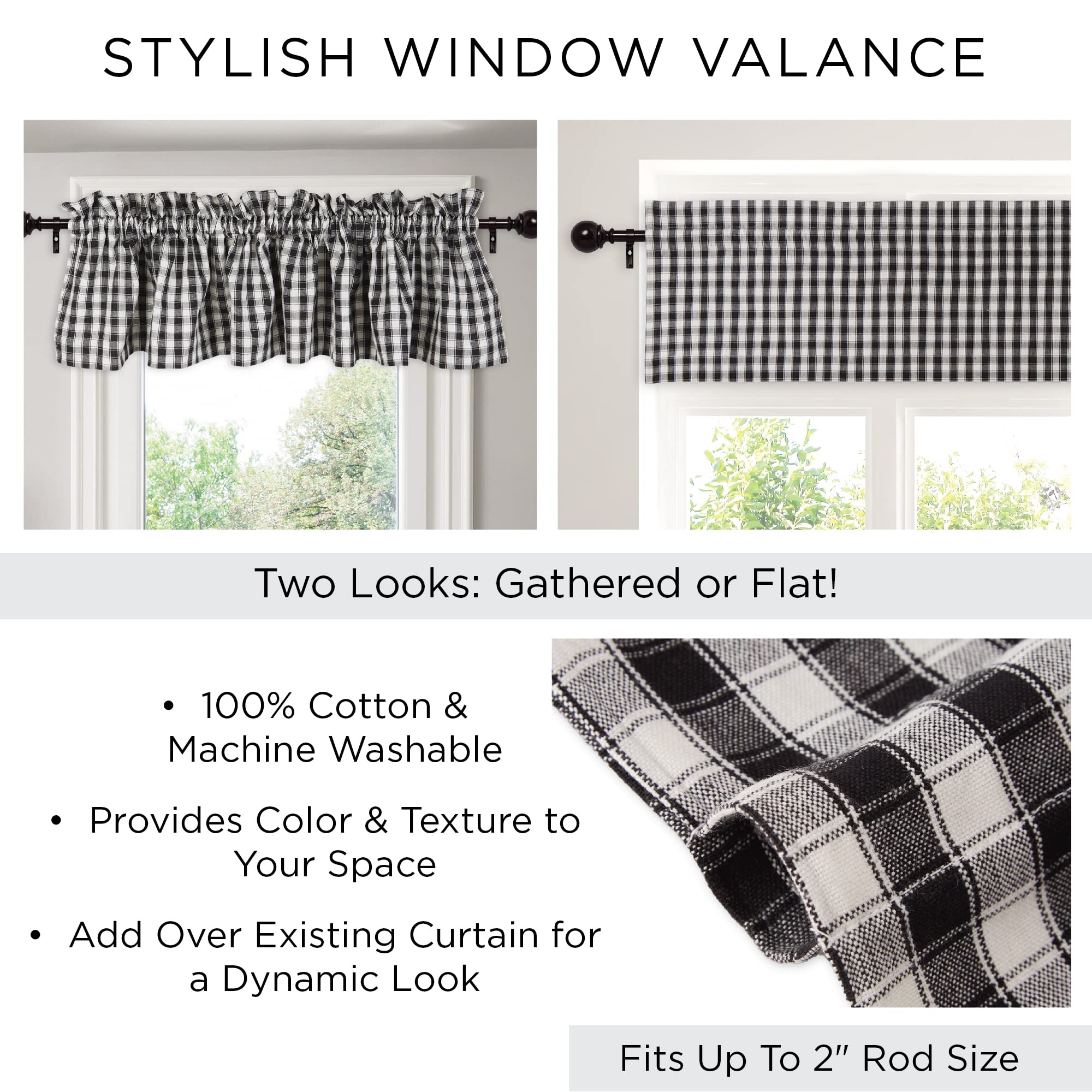 DII Window Valance Collection, 100% Cotton, Pre-Shrunk, Machine Washable, 2 Inch Curtain Rod Pocket, Single Panel, 72x14, Stonewash Blue Check