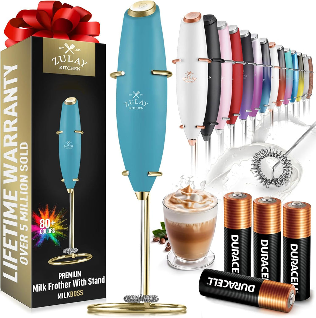 Zulay Kitchen Milk Frother Wand - Ultra-Fast Handheld Drink Mixer with 4 AA Duracell Batteries - Lake Gold