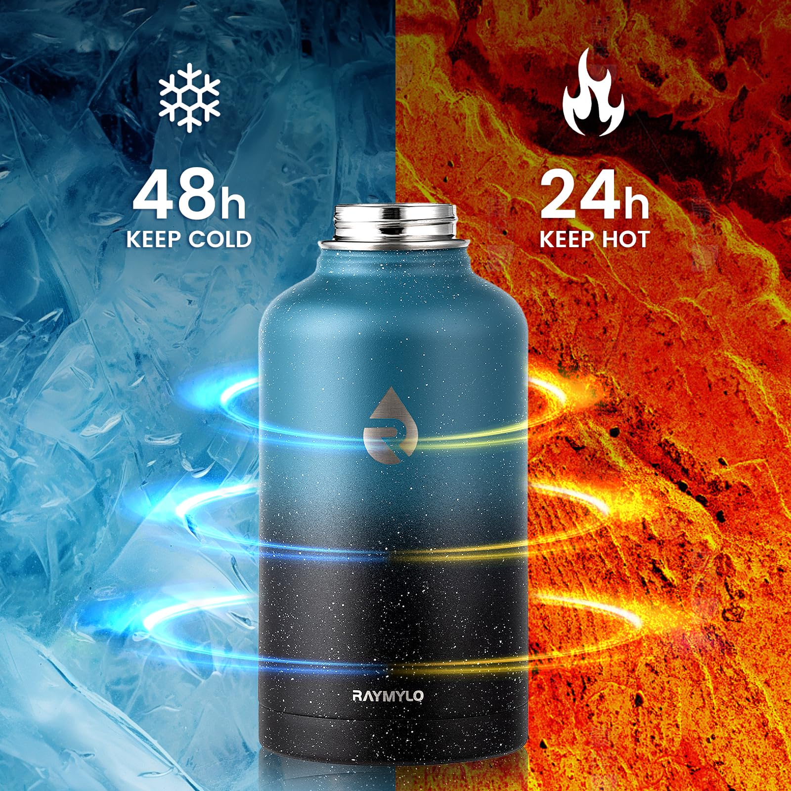 RAYMYLO 64oz Insulated Water Bottle, Triple Wall Vacuum Stainless Steel Water Bottles - Keeps Cold 48H, Reusable Half Gallon Jug for Gym, Sports, Camping, Hiking,Travel, Starry Sky-Indigo/Black
