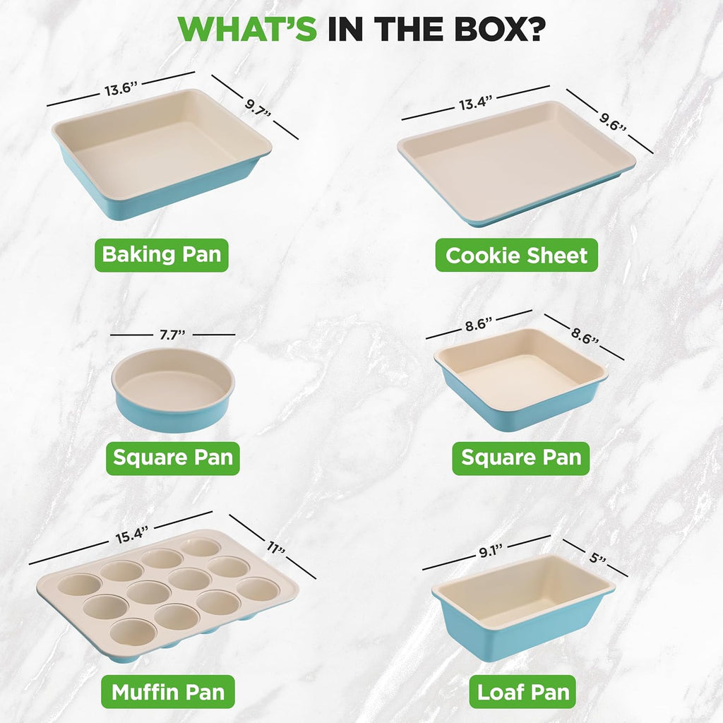 NutriChef 6-Piece Baking Pan Set - Premium Carbon Steel Bakeware with Non-Stick Coating | Turquoise