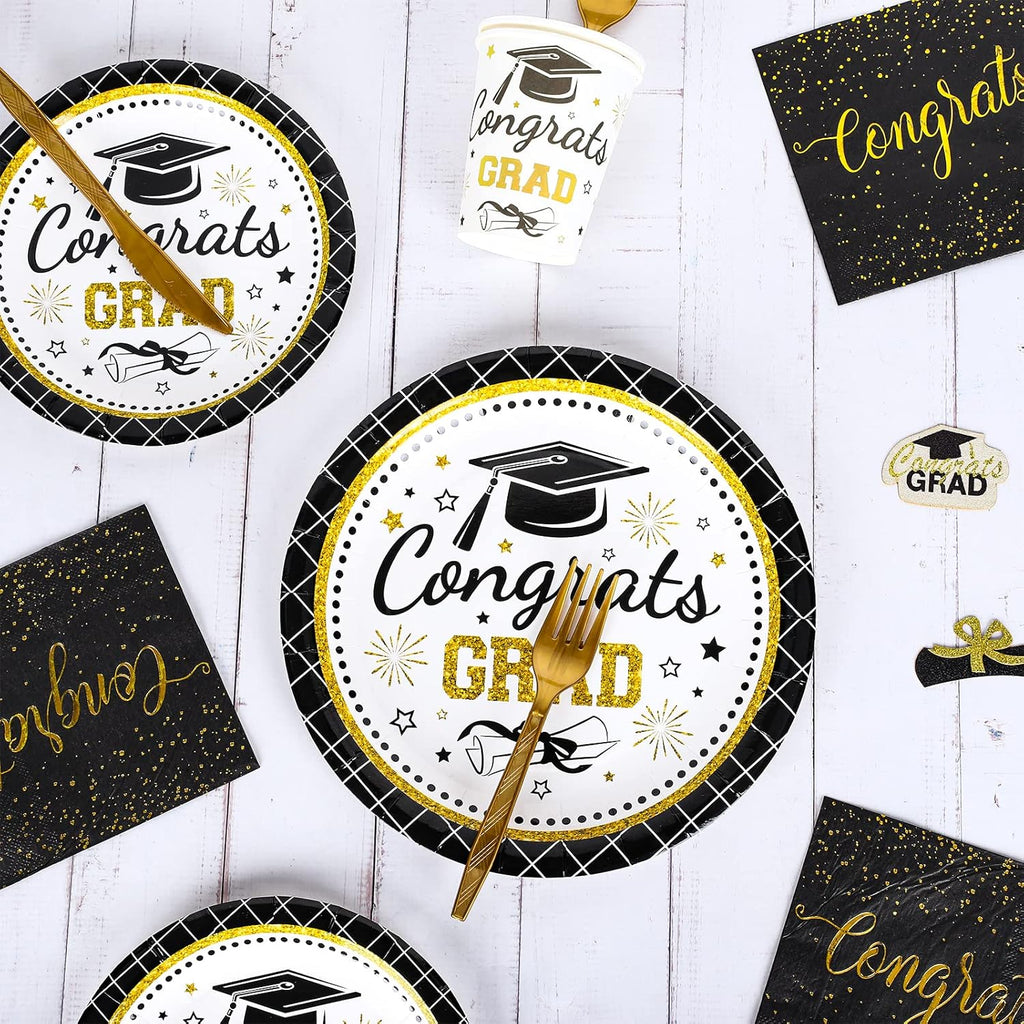 Whaline Graduation Party Supplies - 175Pcs Disposable Tableware Set for 25 Guests | Plates, Napkins, Cups, Cutlery
