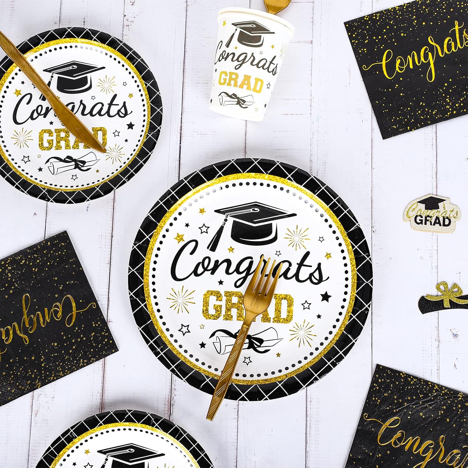 Whaline Graduation Party Supplies - 175Pcs Disposable Tableware Set for 25 Guests | Plates, Napkins, Cups, Cutlery