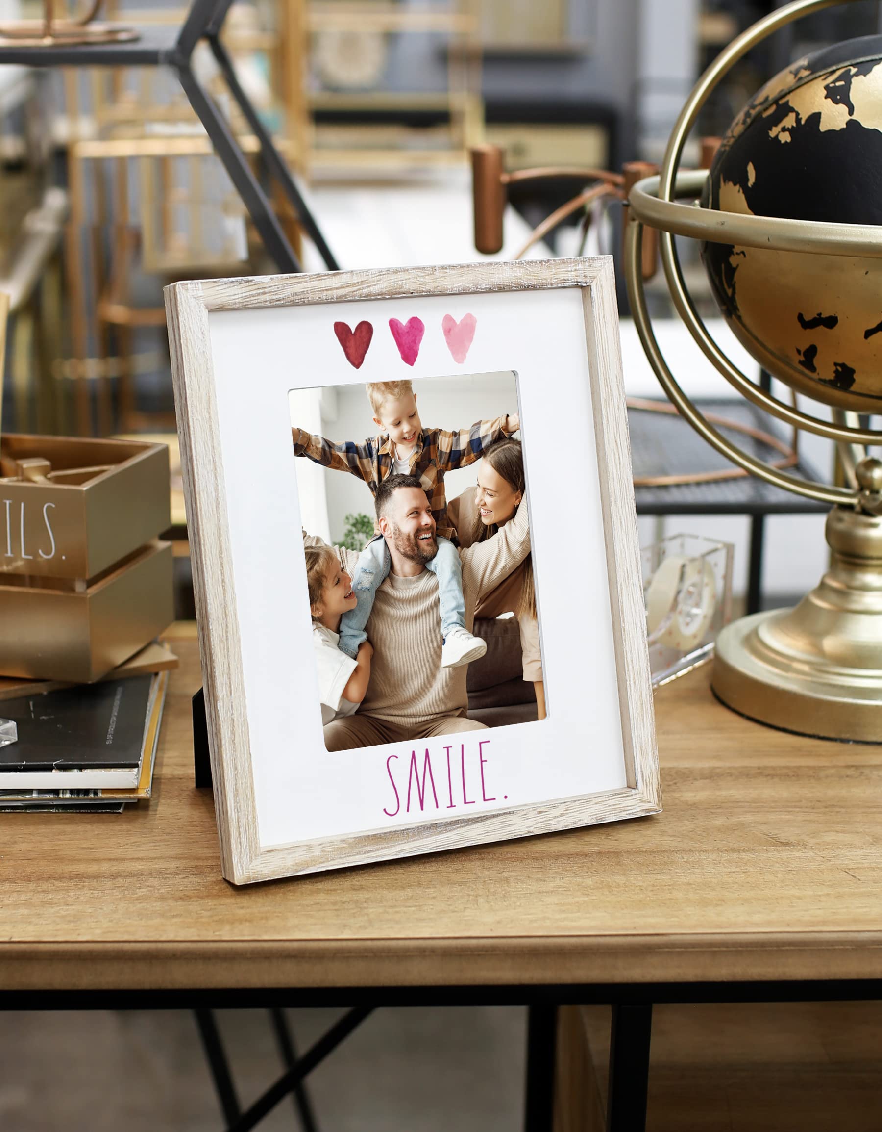 Rae Dunn 5 x 7 Inch Picture Frame Wood - Farmhouse Photo Frame for Wall Hanging or Desk / Tabletop Display - Rustic Frames for Family Photos, Couples, Kids, Pets - Home and Office Décor, "Smile"