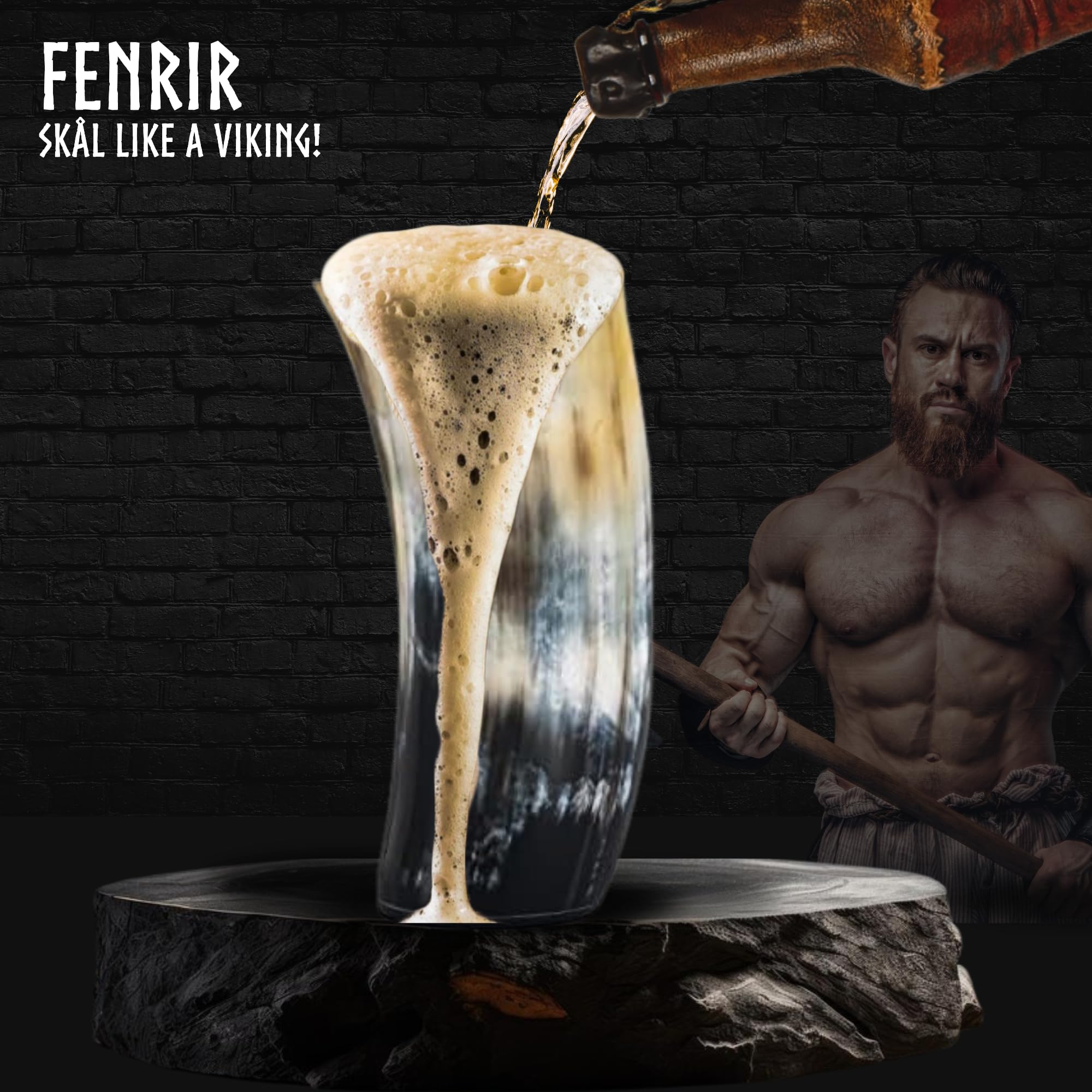 FENRIR Viking Drinking Horn Mug Set of 4 – Gifts for Men, Dad, Husband – Unique Viking Gift – Natural Ox Horn Cup with Opener – For Beer, Ale, Mead (12-13 Oz/Glass)
