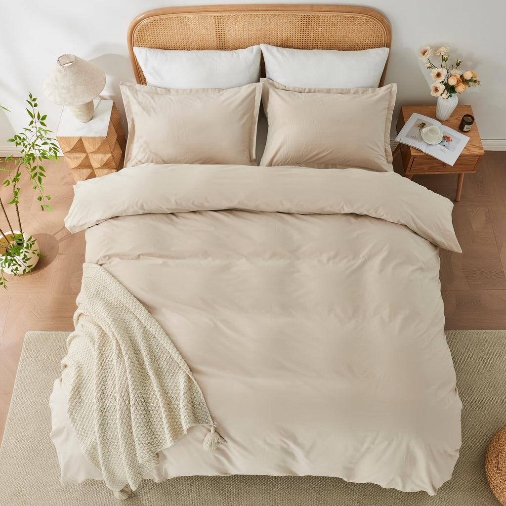 OAITE 100% Washed Cotton Duvet Cover Queen Size Soft Breathable Durable Bedding with Zipper Closure & 8 Corner Ties- 3 Pieces Plain Simple Duvet Cover Set,2 Pillow Shams,1 Duvet Cover(90"x90")