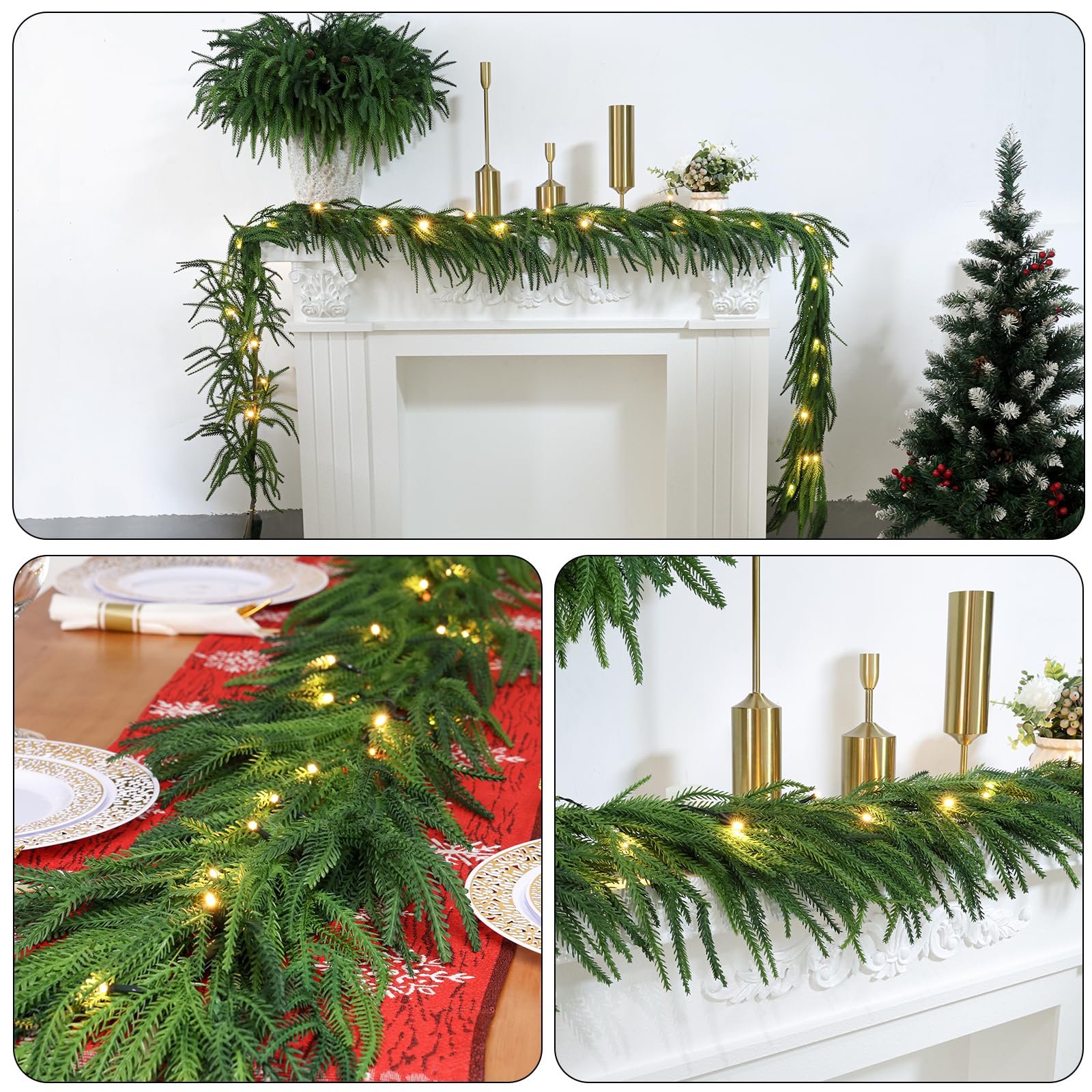 Pre-Lit Christmas Garland Decorations,9 FT Faux Led Norfolk Pine Garland Artificial Realistic, Real Touch Greenery Christmas Pine Garland for Mantle Table Front Door Indoor Outdoor Holiday Decor