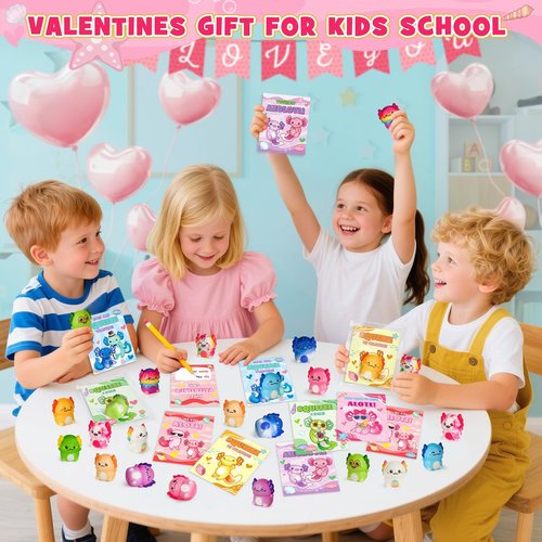 24 Packs Valentines Day Cards for Kids School with Axolotl Slow Rising PU Squishy Toys, Valentines Day Gifts for Kids, Kawaii Squeeze Toys for Boys Girls, Ideal Valentine Party Favor, Classroom Prizes