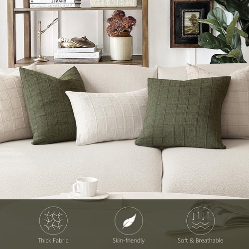 Foindtower Set of 1 Decorative Linen Check Throw Pillow Cover Neutral Farmhouse Lumbar Cushion Cover Modern Boho Home Decor for Sofa Chair Couch Bedroom Living Room,12×20 Inch,Olive Green