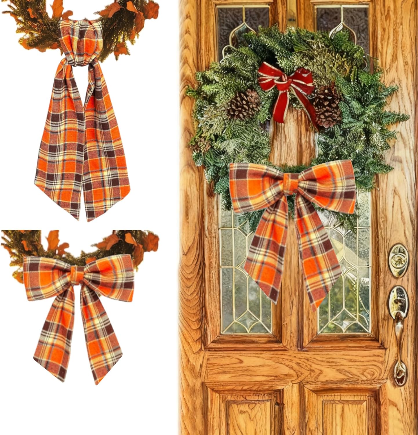Skiennix Wreath Sash - Orange Plaid Garland Ribbon for Indoor/Outdoor Home Decoration