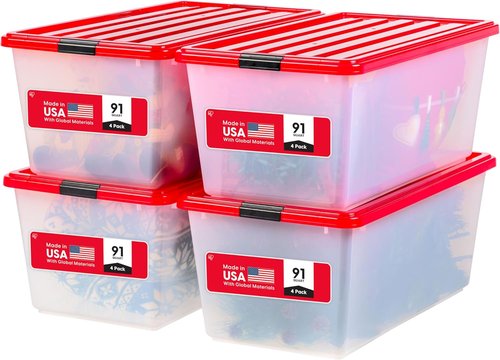 IRIS USA 91 Qt. Stackable Plastic Storage Bins - BPA-Free, Durable Organizing Solution, 4 Pack - Red
