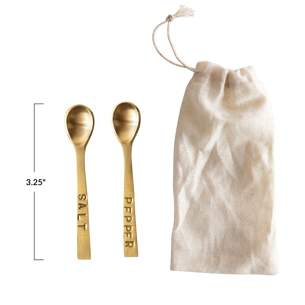 Creative Co-Op Metal "Salt" & "Pepper" Spoons in Drawstring Bag, Brass Finish, Set of 2