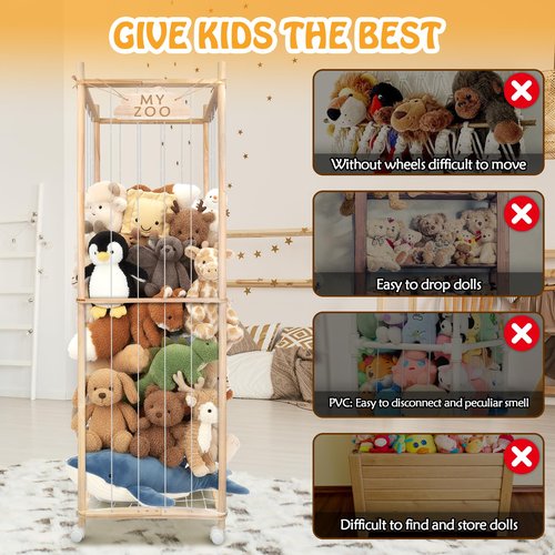 BETBEM Stuffed Animal Storage Zoo with Wheels, 64" Wooden Large Stuff Animals Plushies Holder Toy Organizer Kids Plush Storage Cage with Elastic Band and Net for Nursery Playroom Corner for Toddler