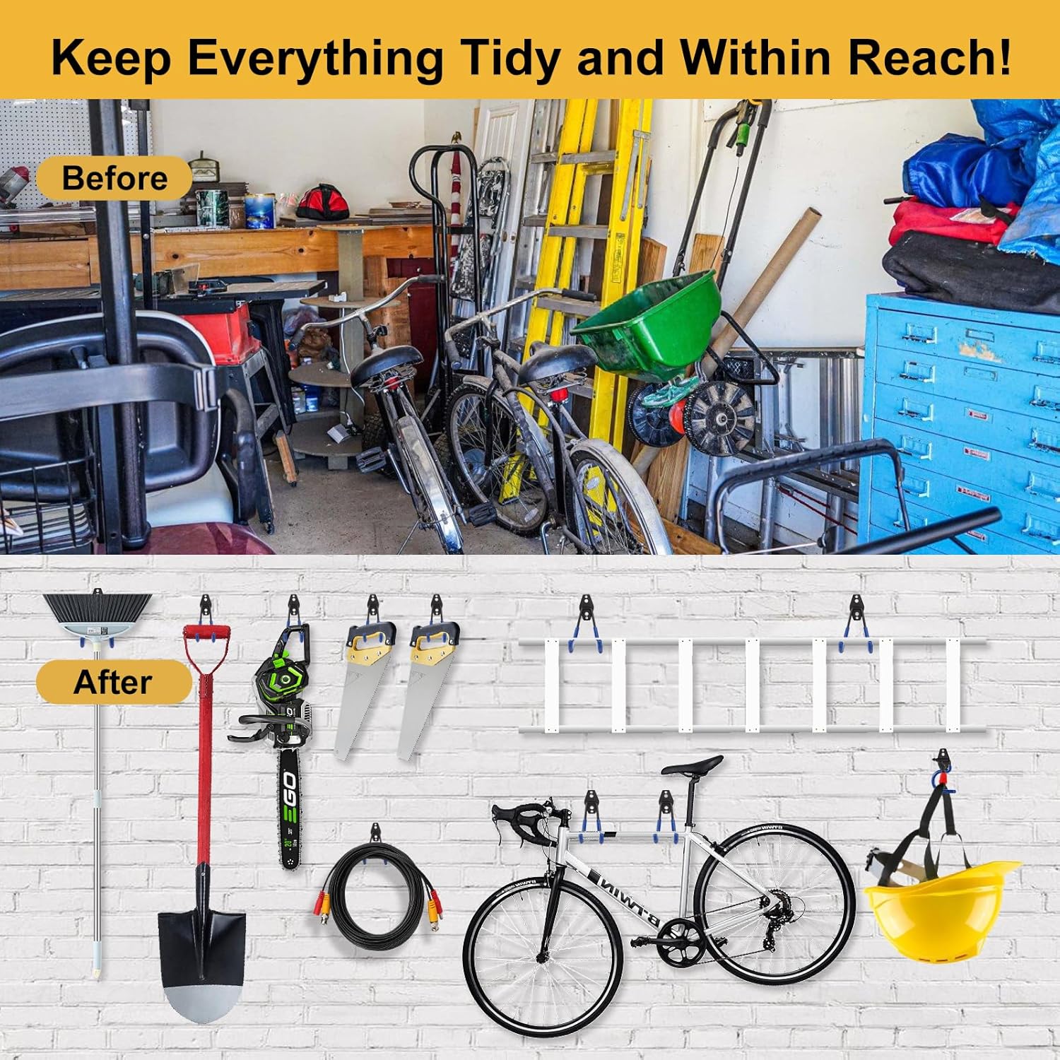 Steel Garage Hooks - Heavy Duty Wall Tool Organizer | 10 Pack for Ladders, Ropes & Garden Tools