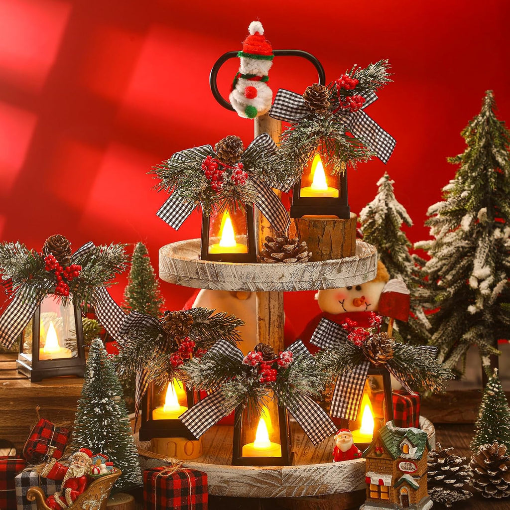 Regine Switzerland Set of 6 Christmas Mini Lanterns - Flickering LED Flameless Candle | Black and White Bow