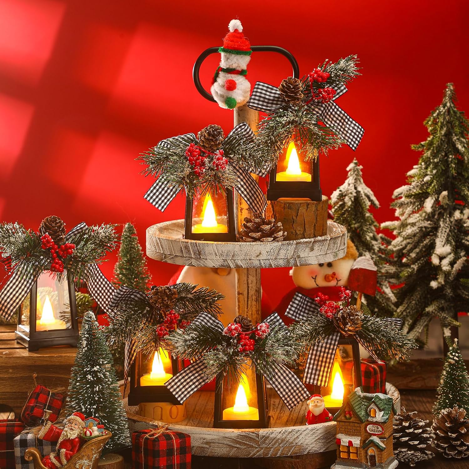 Regine Switzerland Set of 6 Christmas Mini Lanterns - Flickering LED Flameless Candle | Black and White Bow
