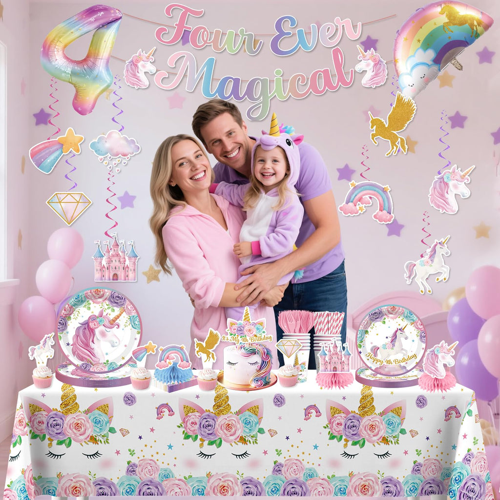 Xynic 181Pcs Unicorn 4th Birthday Decorations, Four Ever Magical Birthday Decorations Tableware Set with Plates and Napkins Serves 25, 2 Tablecloths for Unicorn Decorations