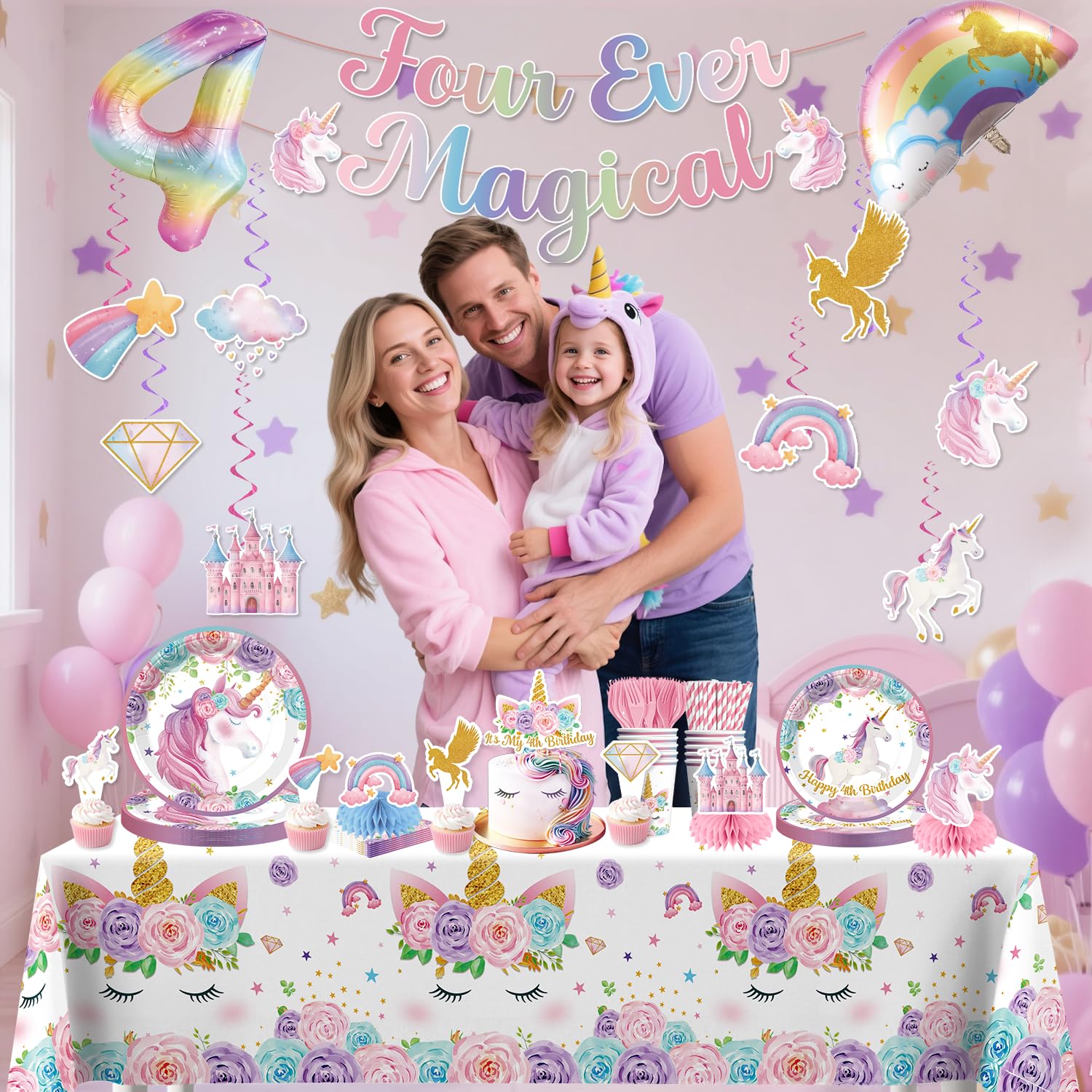Xynic 181Pcs Unicorn 4th Birthday Decorations, Four Ever Magical Birthday Decorations Tableware Set with Plates and Napkins Serves 25, 2 Tablecloths for Unicorn Decorations