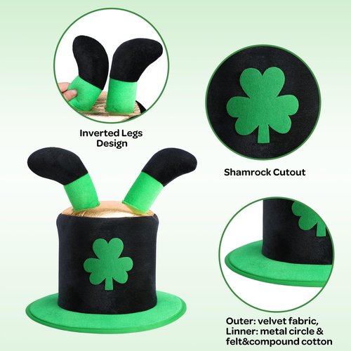 codree St. Patrick Day Tree Topper Hat, St. Patrick's Elf Legs Velvet Hat Tree Topper, Irish Green Shamrock Top Hat Tree Decoration for St. Patrick's Day Holiday Home Party Decor Fancy Dress Costume