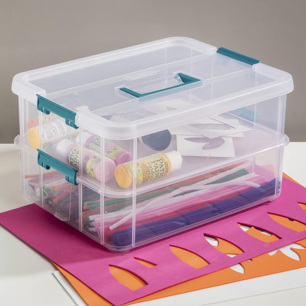 Sterilite Stack & Carry 2-Layer Box - Clear Lid & Blue Handle for Easy Organization