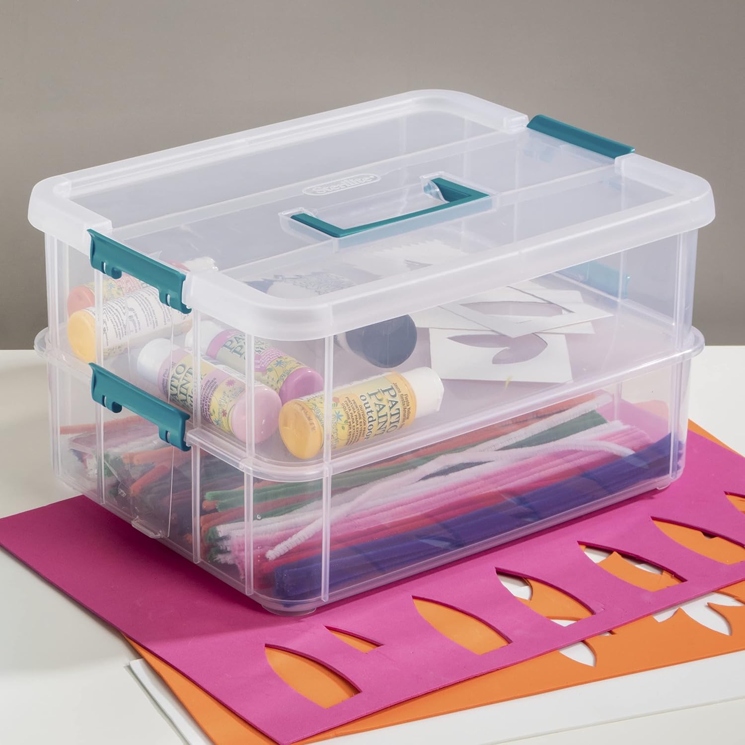 Sterilite Stack & Carry 2-Layer Box - Clear Lid & Blue Handle for Easy Organization