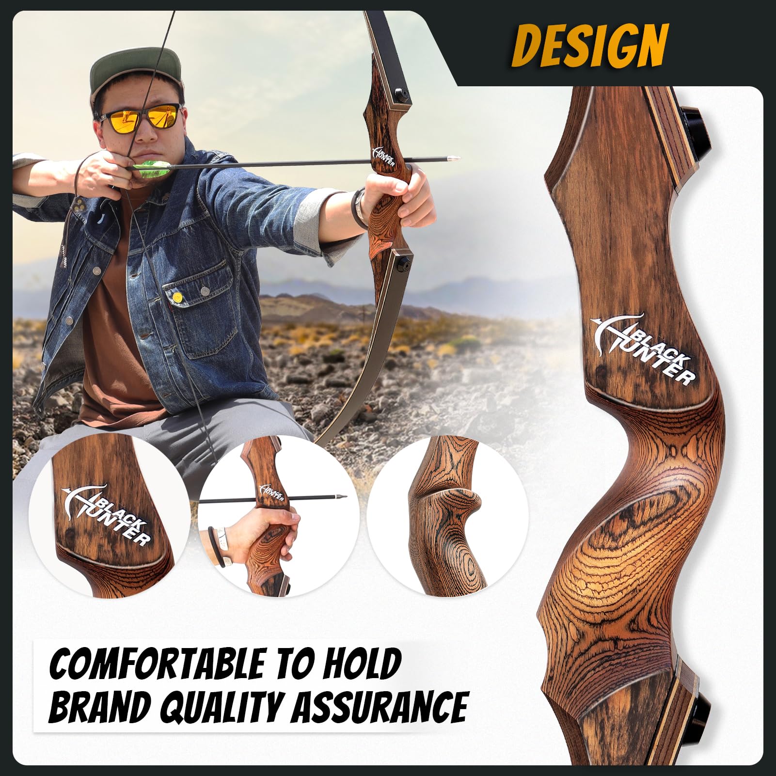 60" Black Hunter Takedown Archery Recurve Bow Set for Adults Youth and Beginners Technical Wood Riser and Laminated Bow Limbs 20-60lbs for Archery Practice Hunting Competition Right Hand (30lbs)