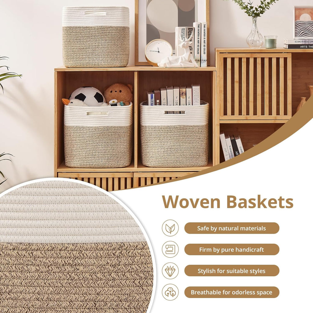 OIAHOMY 13-Inch Cube Storage Bins - 3-Pack Cotton Rope Baskets for Organizing | Brown & White