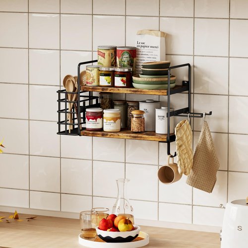 3-in-1 Wall Mounted Hair Dryer Holder with 2 Tier Shelves & Detachable Basket, Space Saving Organizer for Bathroom, Kitchen, Bedroom, Rust-Resistant, Easy Install (Rustic Brown)