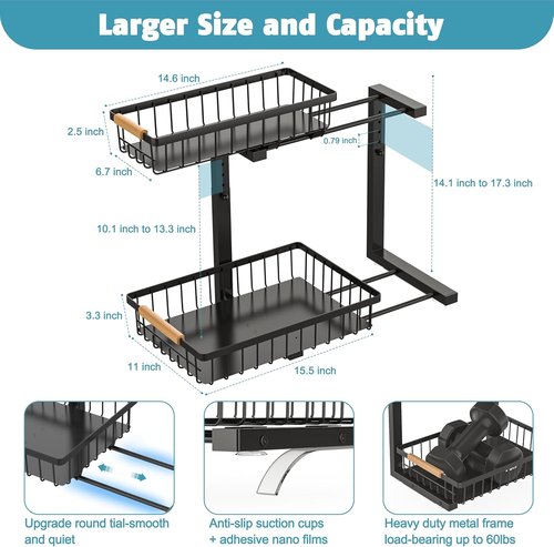 Liuoud Under Sink Organizer - 2-Tier Adjustable Pull-Out Cabinet Storage | Large Capacity Metal Rack, Black
