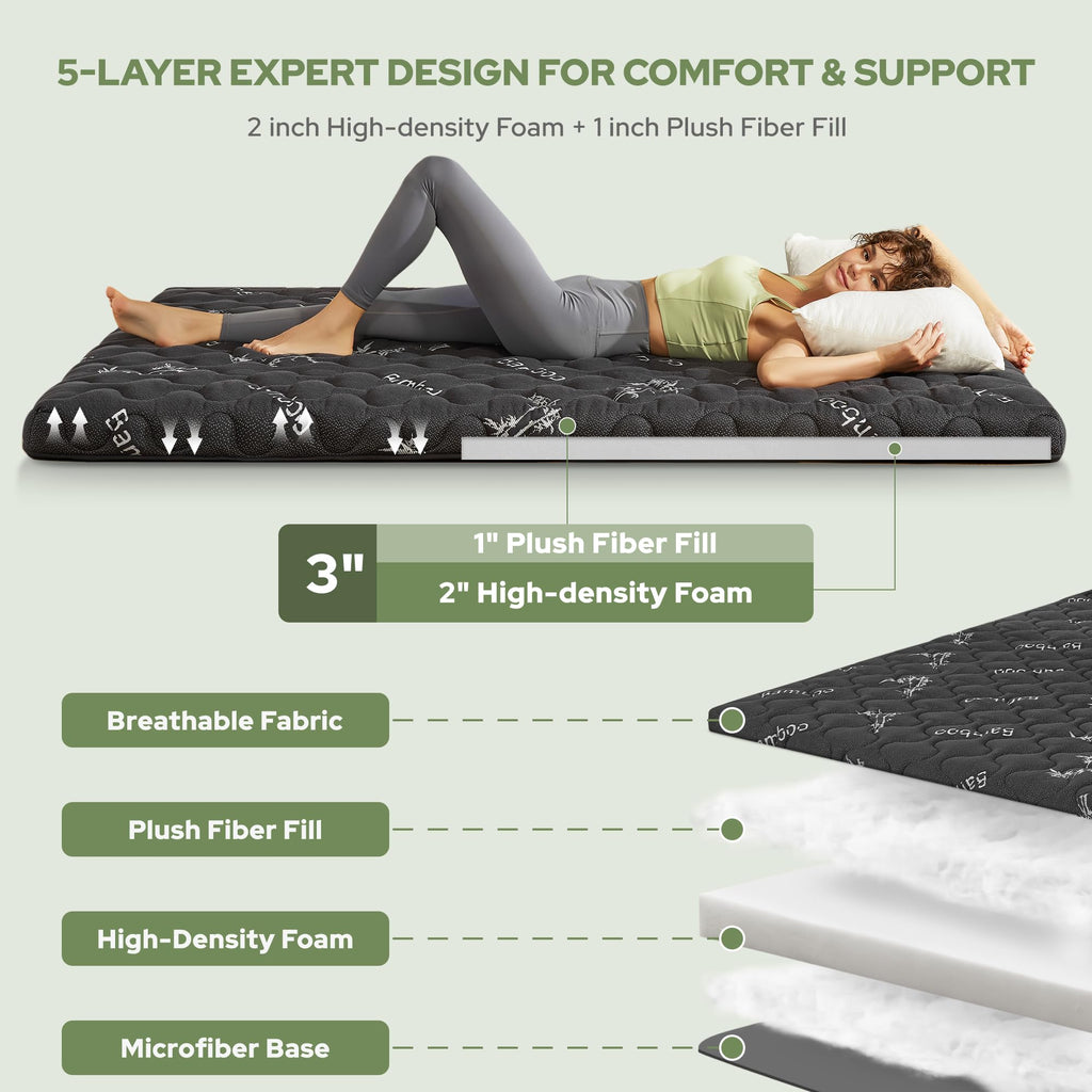 Japanese Floor Mattress Futon Mattress Queen Size Viscose Derived from Bamboo, 3" Thick Tatami Mat with High Density Foam, Foldable & Portable Floor Lounger Bed, Roll Up Sleeping Pad, Guest Room