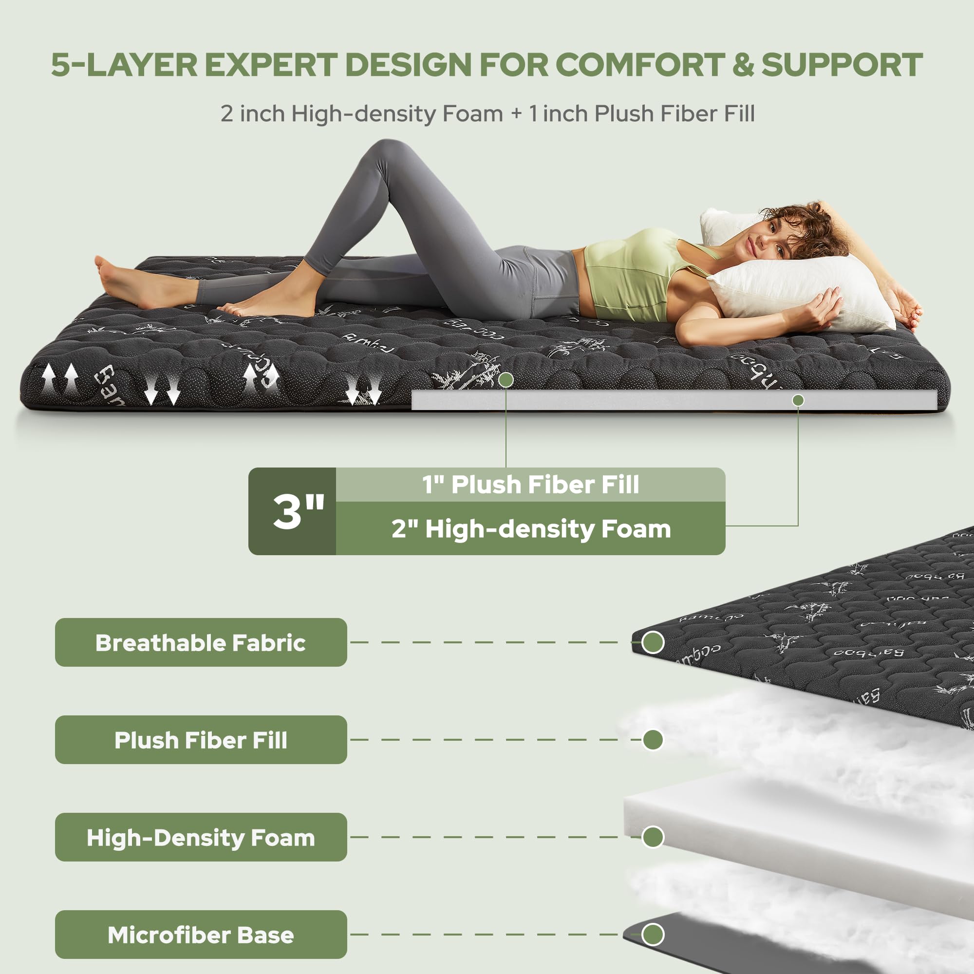 Japanese Floor Mattress Futon Mattress Queen Size Viscose Derived from Bamboo, 3" Thick Tatami Mat with High Density Foam, Foldable & Portable Floor Lounger Bed, Roll Up Sleeping Pad, Guest Room