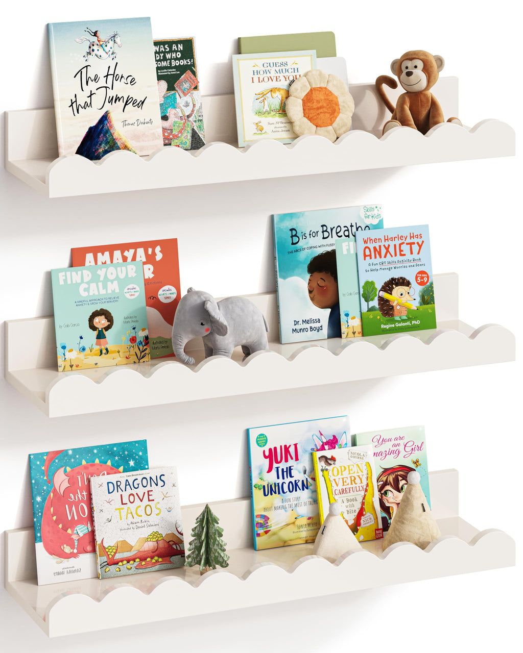 G&W Gruwald Nursery Book Shelves, Set of 3, Nursery Decor for Baby and Toddler, Scalloped Shelves, Book Shelf for Kids Rooms, Wall Book Shelf for Bedroom Kids