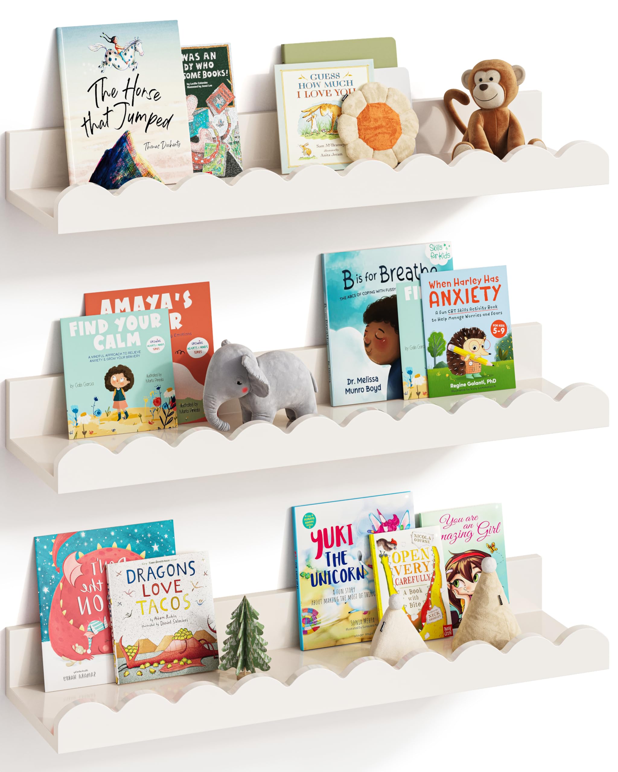 G&W Gruwald Nursery Book Shelves, Set of 3, Nursery Decor for Baby and Toddler, Scalloped Shelves, Book Shelf for Kids Rooms, Wall Book Shelf for Bedroom Kids