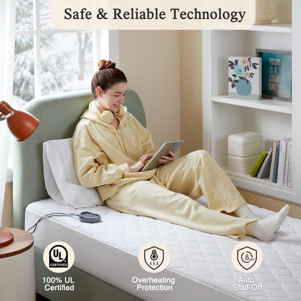 Beautyrest Cotton Blend Heated Mattress Pad Secure Comfort Technology - Luxury Quilted Electric Mattress Pad with Deep Pocket - 5-Setting Heat Controllers, Twin XL , White