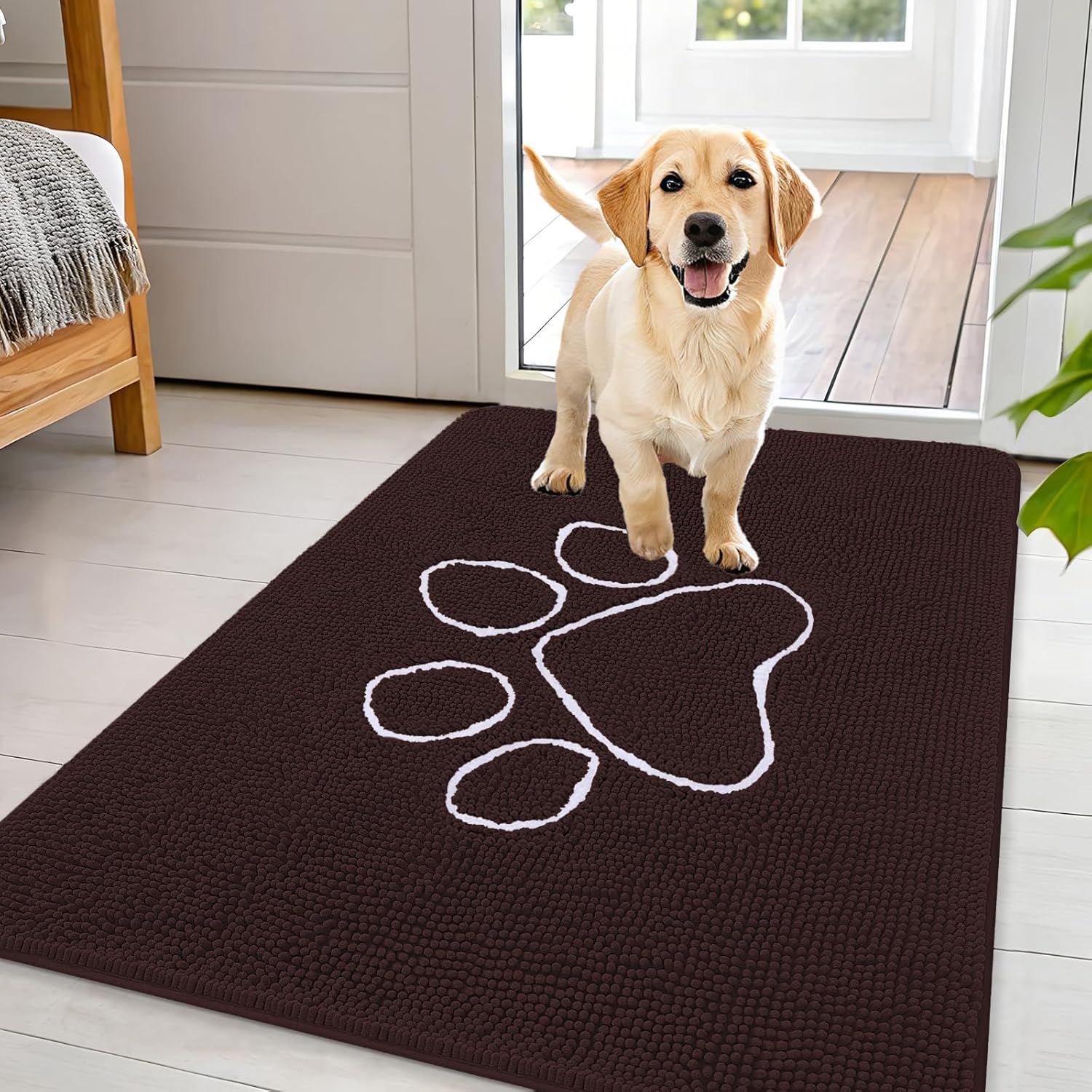 OLANLY Dog Door Mat - Absorbent Non-Slip Mud Mat for Paws | 44x32 Paw Print Design in Brown