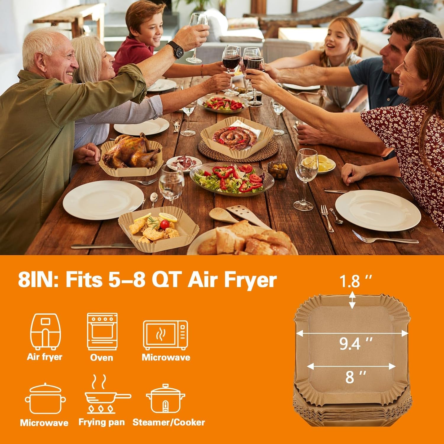 Skiennix 200Pcs Air Fryer Paper Liners - 8 Inch Square Non-Stick Parchment for Frying & Baking