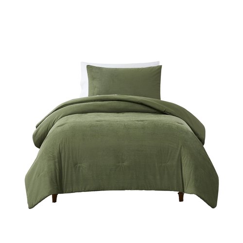 Lush Decor Arden Ribbed Corduroy Comforter 2 Piece Set Twin/Twin XL Olive - Green Bedding Set - Velvet Comforter - Kids Bedding - Dorm Decor - Retro Decor