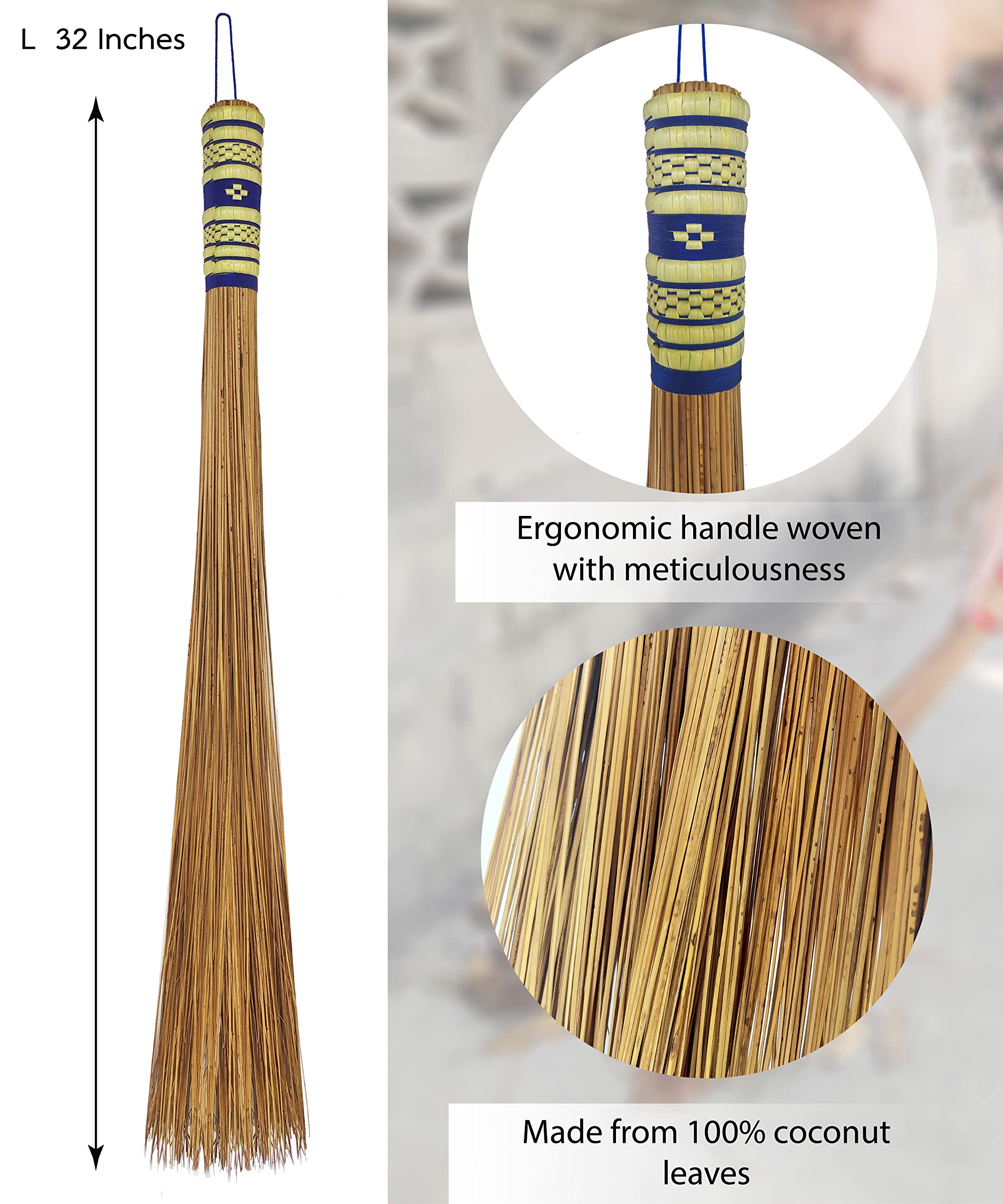 32 inch Multi-Surface Sturdy Outdoor Authentic Coconut Leaf Broom Asian Heavy Duty Broom Thai Natural Coconut Leaf Broom (Country Rustic) 1 Piece