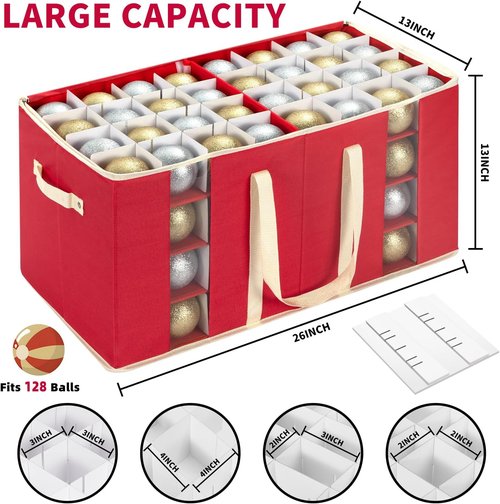DIMESHY Large Christmas Ornament Storage Box - Adjustable Dividers & Two Handles for 128 Decorations | Red