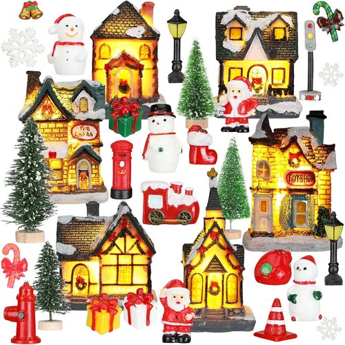 Liliful Christmas Village House Set - 46 Pcs LED Lighted Resin Figurines for Holiday Decor | Rustic Xmas Scene