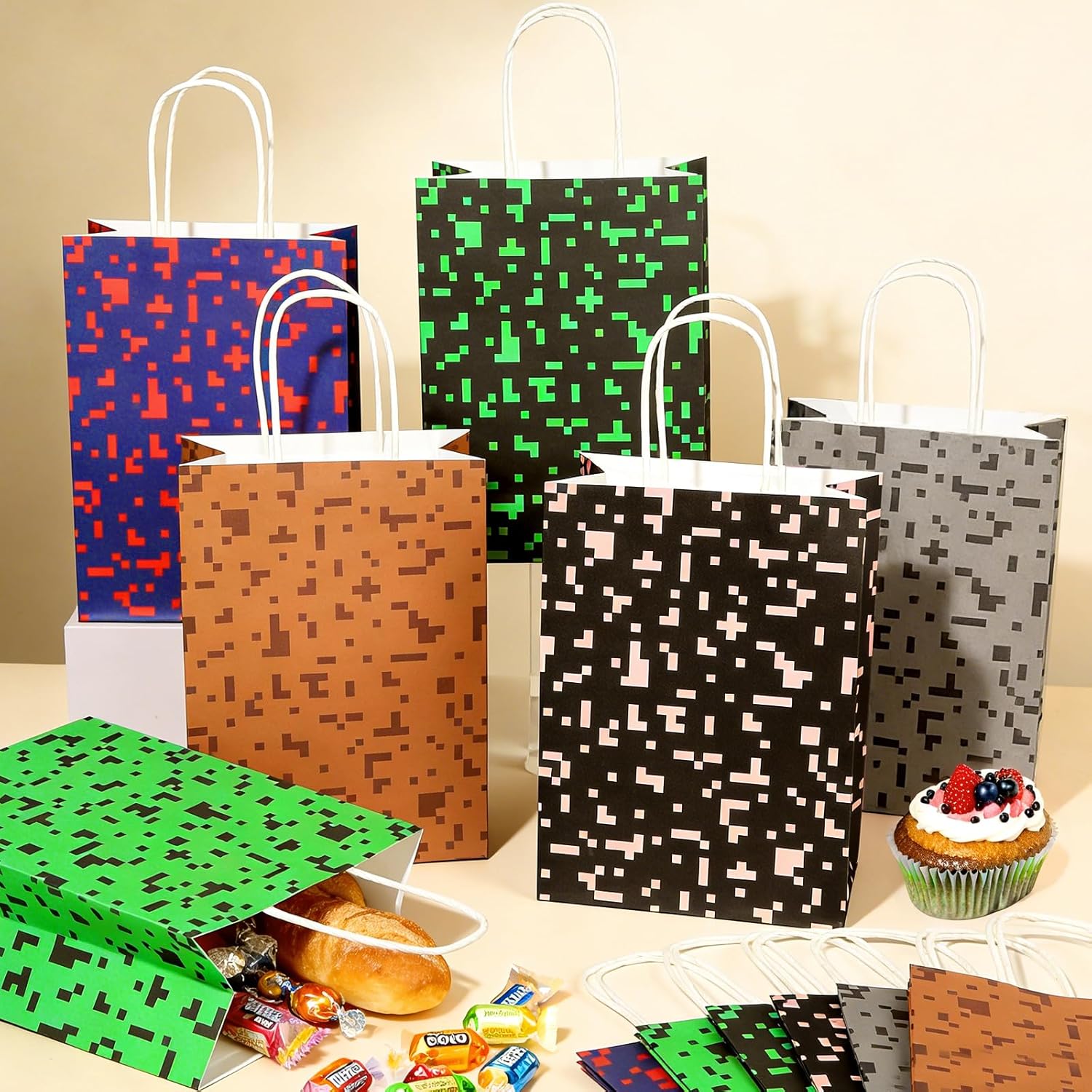 Skiennix Pixel Party Favors Bags - 12 PCS Video Game Themed Treat Bags with Handles for Boys & Girls