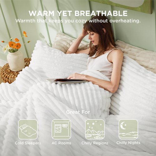Bedsure Queen Comforter Set - GentleSoft™ 3 Pieces Fluffy Double-Side Fleece Comforter Set, Cozy Striped Room Decor Aesthetic, Luxury Bright White Bedding Queen Size with 2 Pillowcases, 90x90 Inches