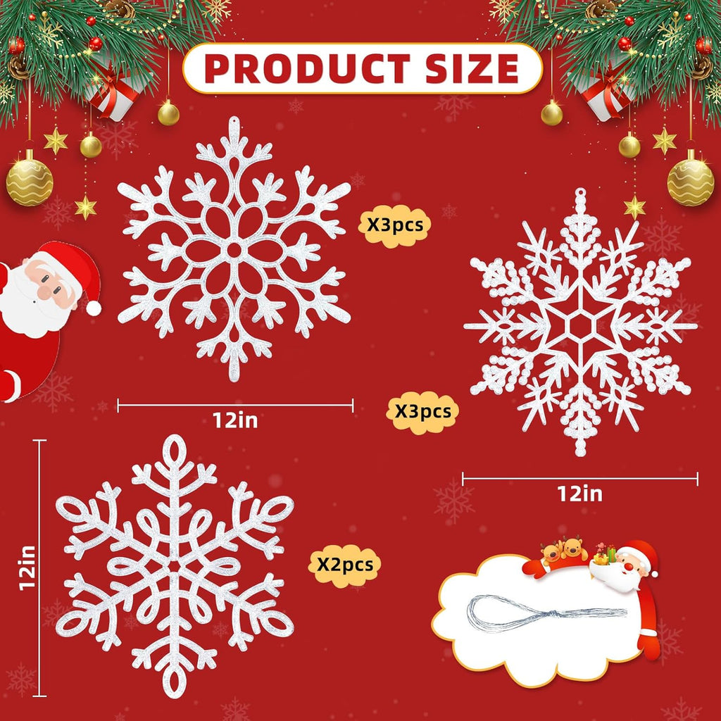 Skiennix 8Pcs Large White Snowflake Ornaments - 12'' Plastic Hanging Decorations for Winter Holiday Decor