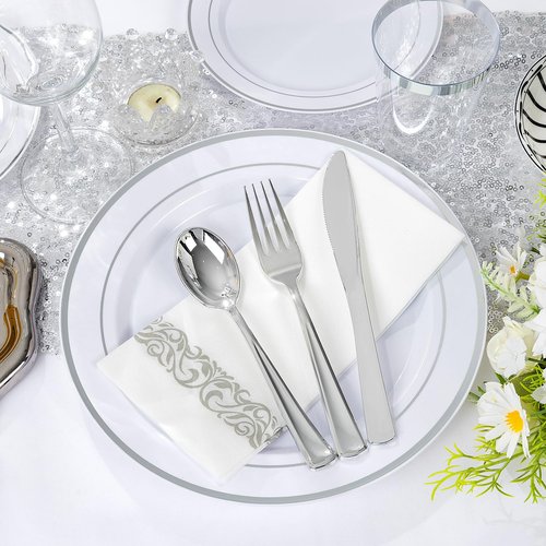 Supernal 400pcs Silver Plastic Dinnerware Set Heavy Duty Disposable Plates Include Silver Plastic Dessert Plates,50 Spoons & Knives & Cups & Napkins & 100 Forks,Prfect For Party and Wedding