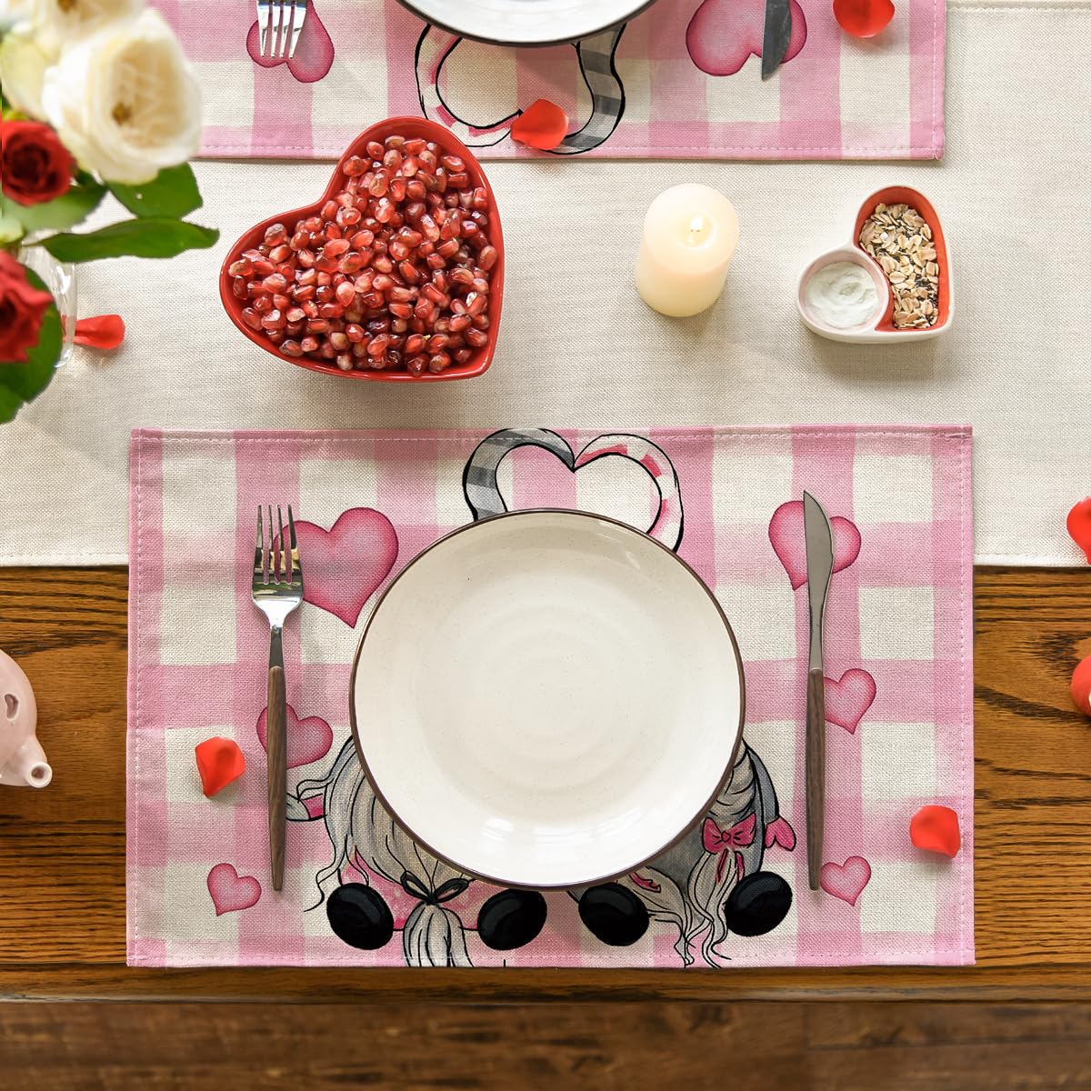 Artoid Mode Pink Buffalo Plaid Hearts Gnomes Valentine Placemats Set of 4, 12x18 Inch Seasonal Anniversary Holiday Table Mats for Party Kitchen Dining Decoration
